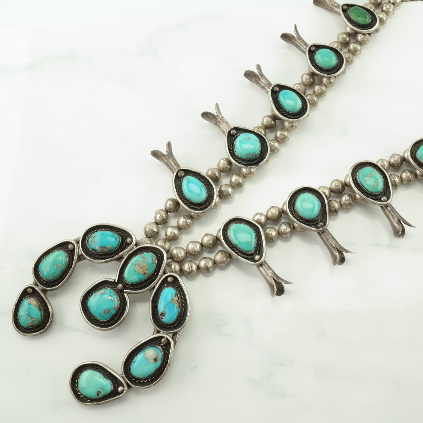 Vintage Native American Sterling Silver Blue Turquoise Squash Blossom Necklace