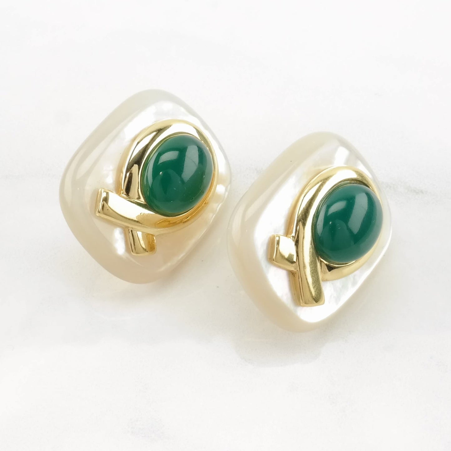 Vintage Sterling Silver Omega Back Earrings KyLo Green MOP, Chrysoprase Gold Toned