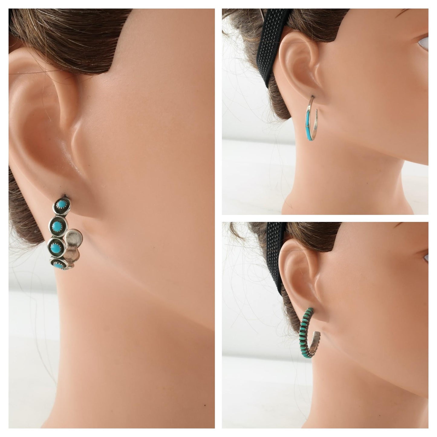 Choice of Vintage Native American Turquoise Cluster & Inlay Sterling Silver Hoop/Stud Earrings