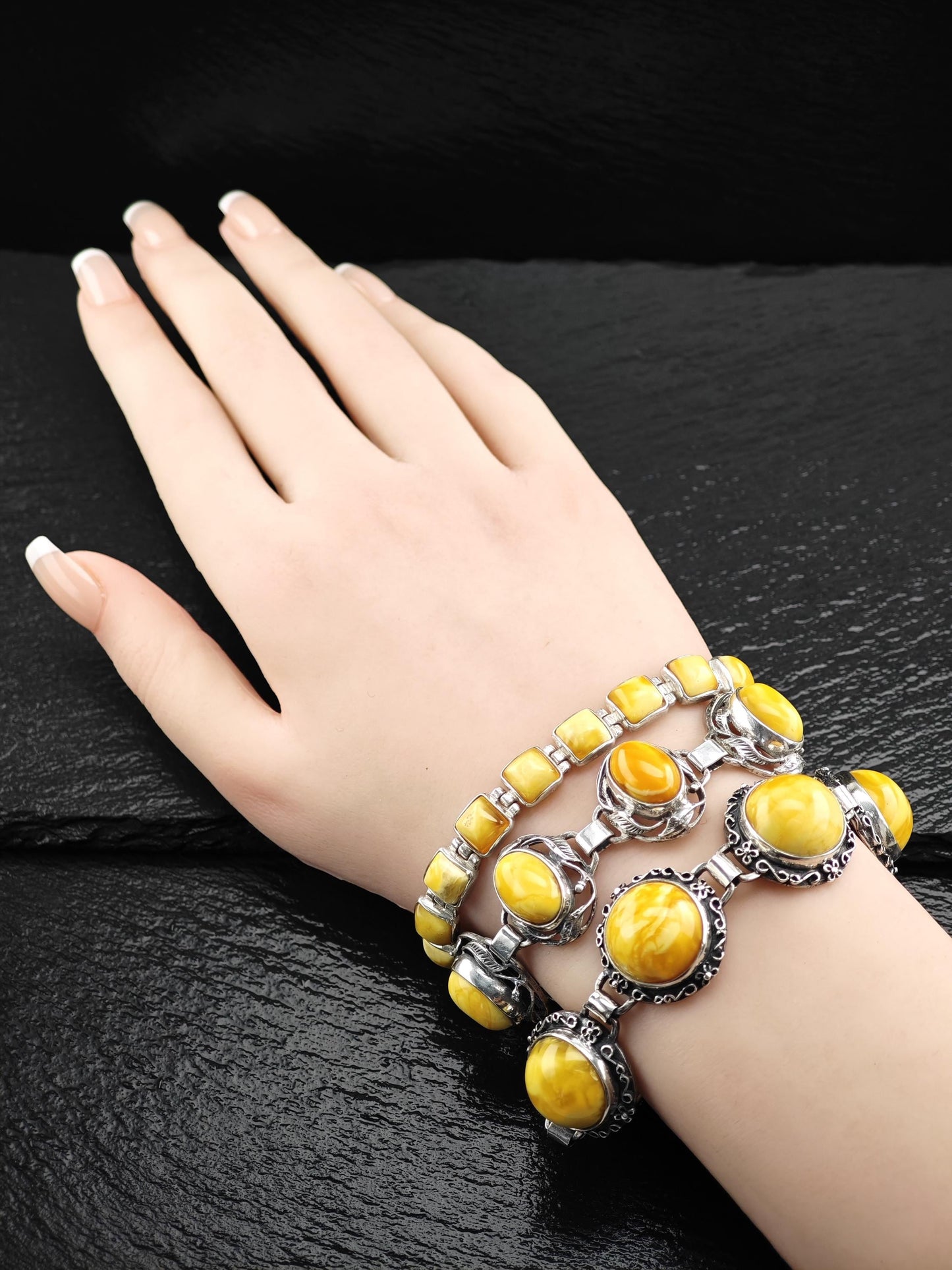 Baltic Amber Bracelet in Art Nouveau Style Yellow Opaque Sterling Silver
