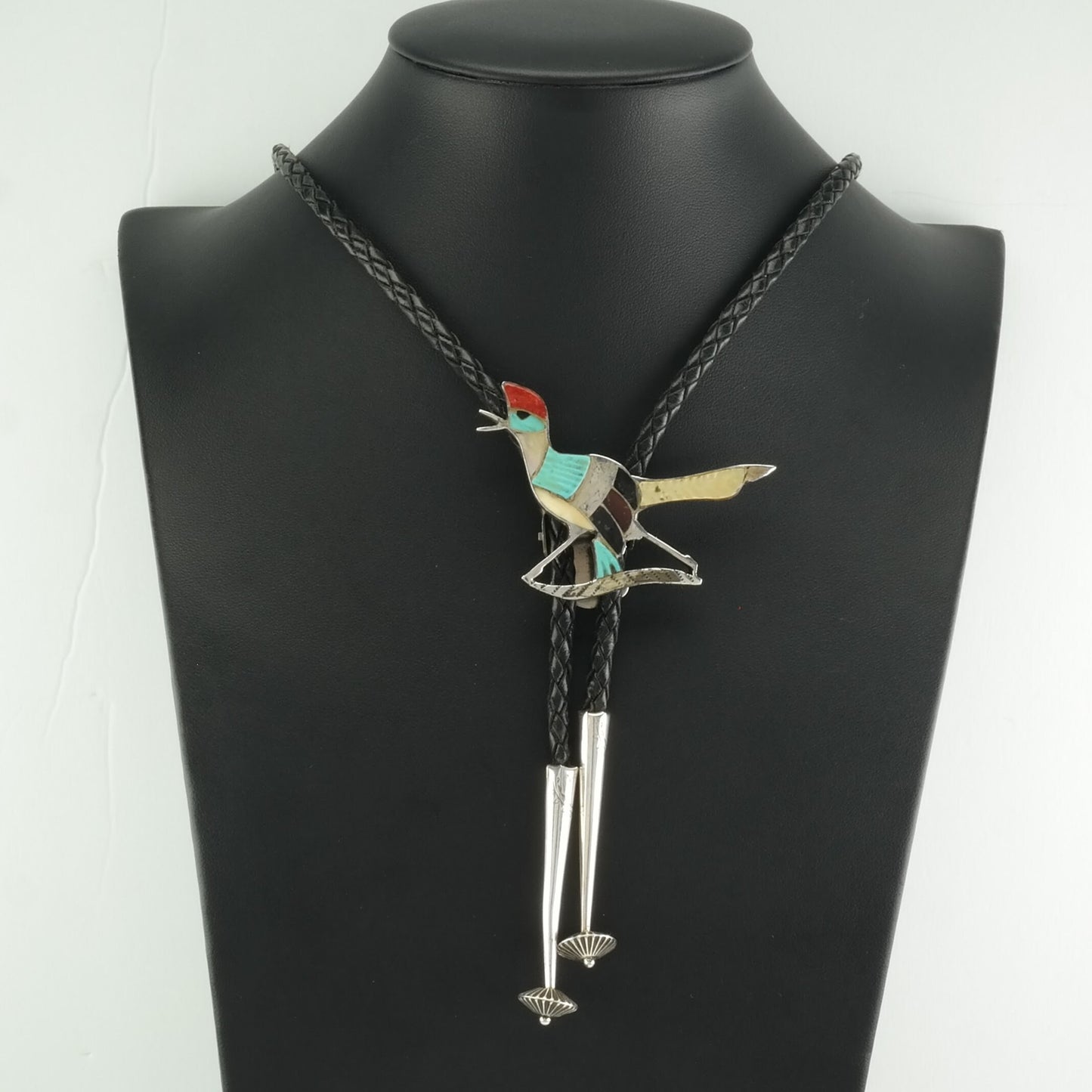 Zuni Inlay Bolo Tie Roadrunner Native American Sterling Silver Turquoise Coral Necklace