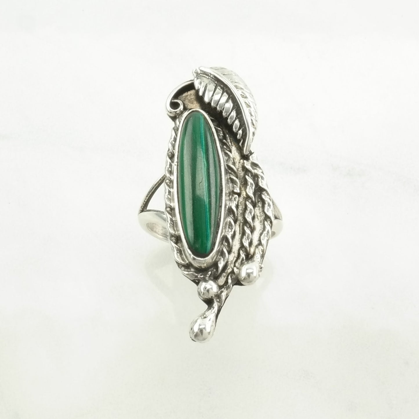 Southwest Silver Ring Malachite Leaf, Navette Sterling Green Size 6 3/4