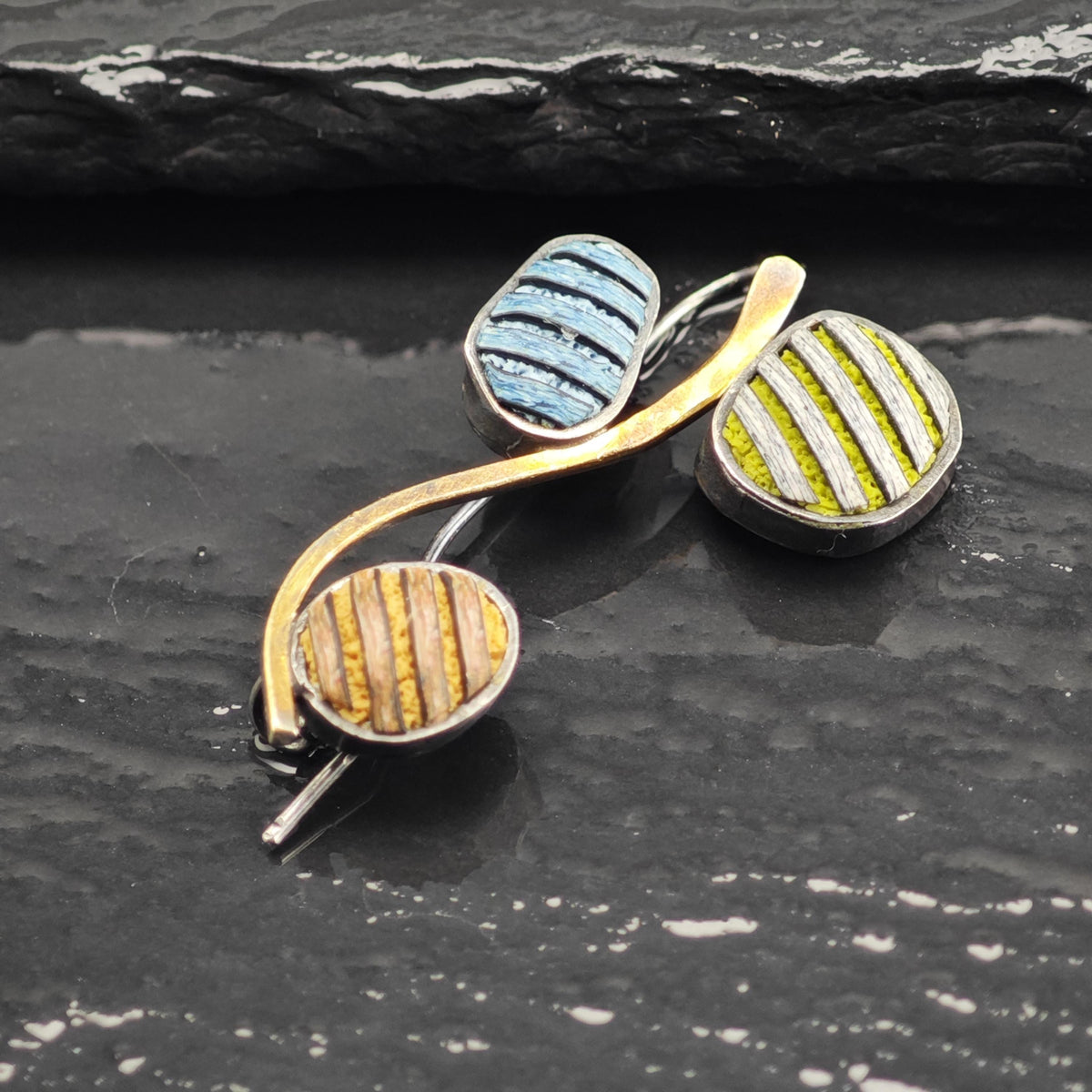 Artisan Abstract, Gold Accent Multicolor Carved Stones Sterling Silver Brooch B2253