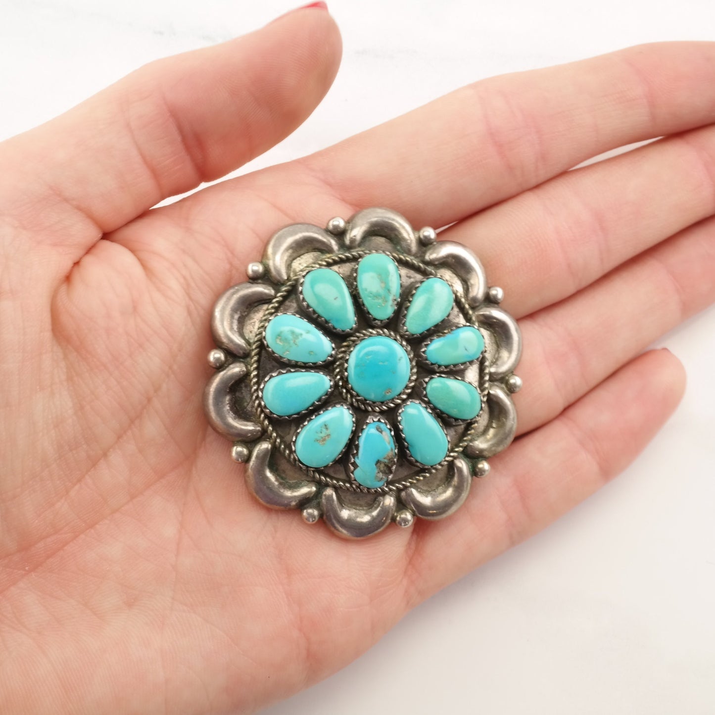 Native American Sterling Silver Brooch Pendant Flower Cluster Turquoise