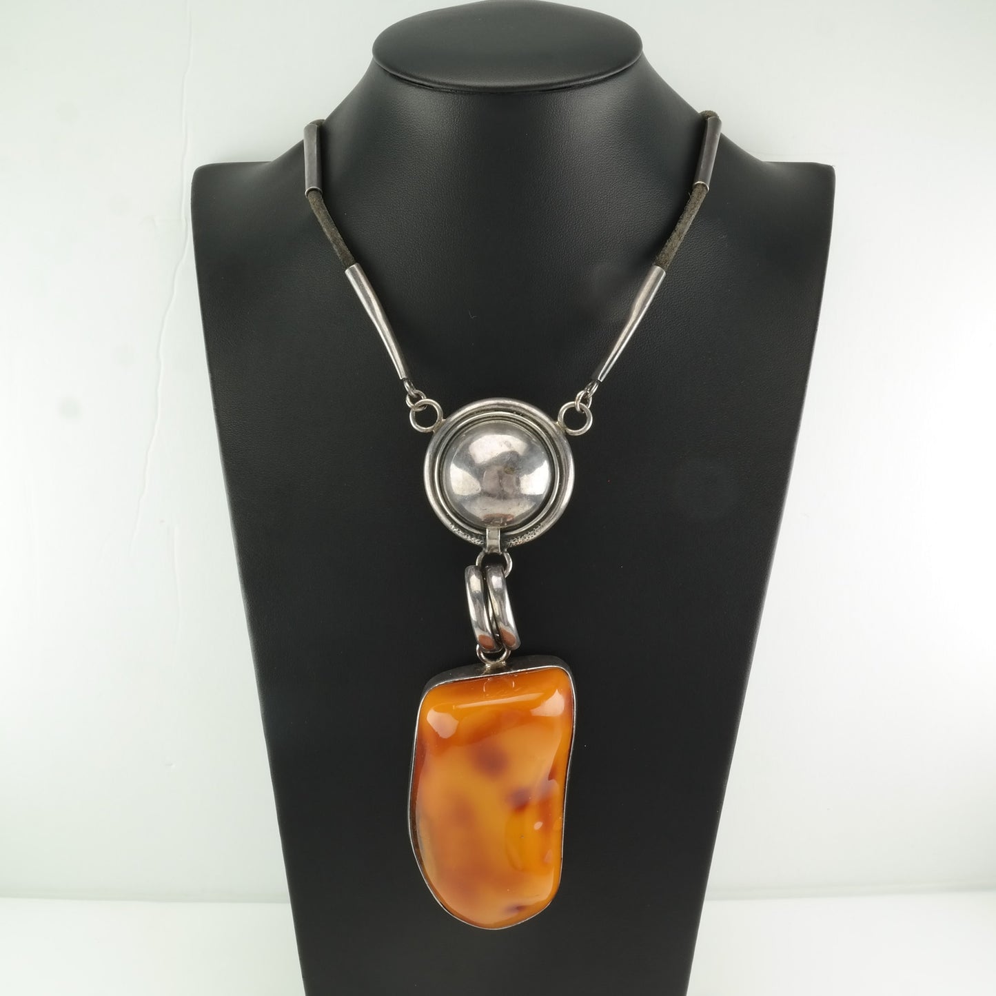 Sterling Silver Orange Amber, Boulder Leather Necklace