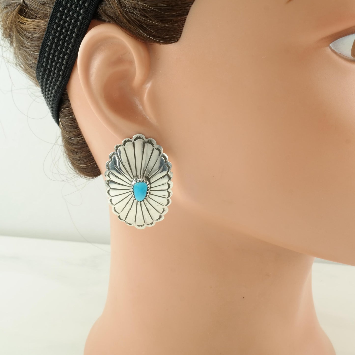 Vintage Large Native American Turquoise, Concho Floral, Stamped, Sterling Silver Pierced Earrings