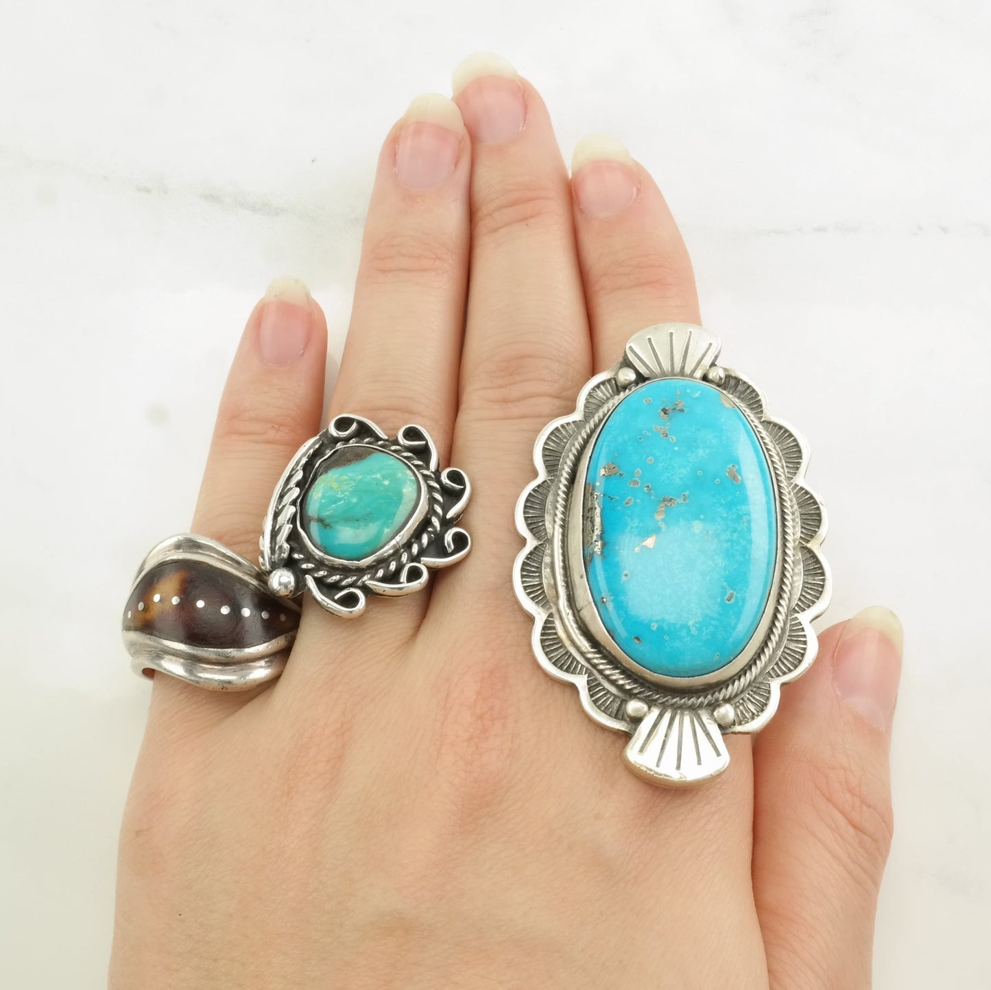 Native American Silver Ring Huge Turquoise Scallop Edge Sterling Size 6