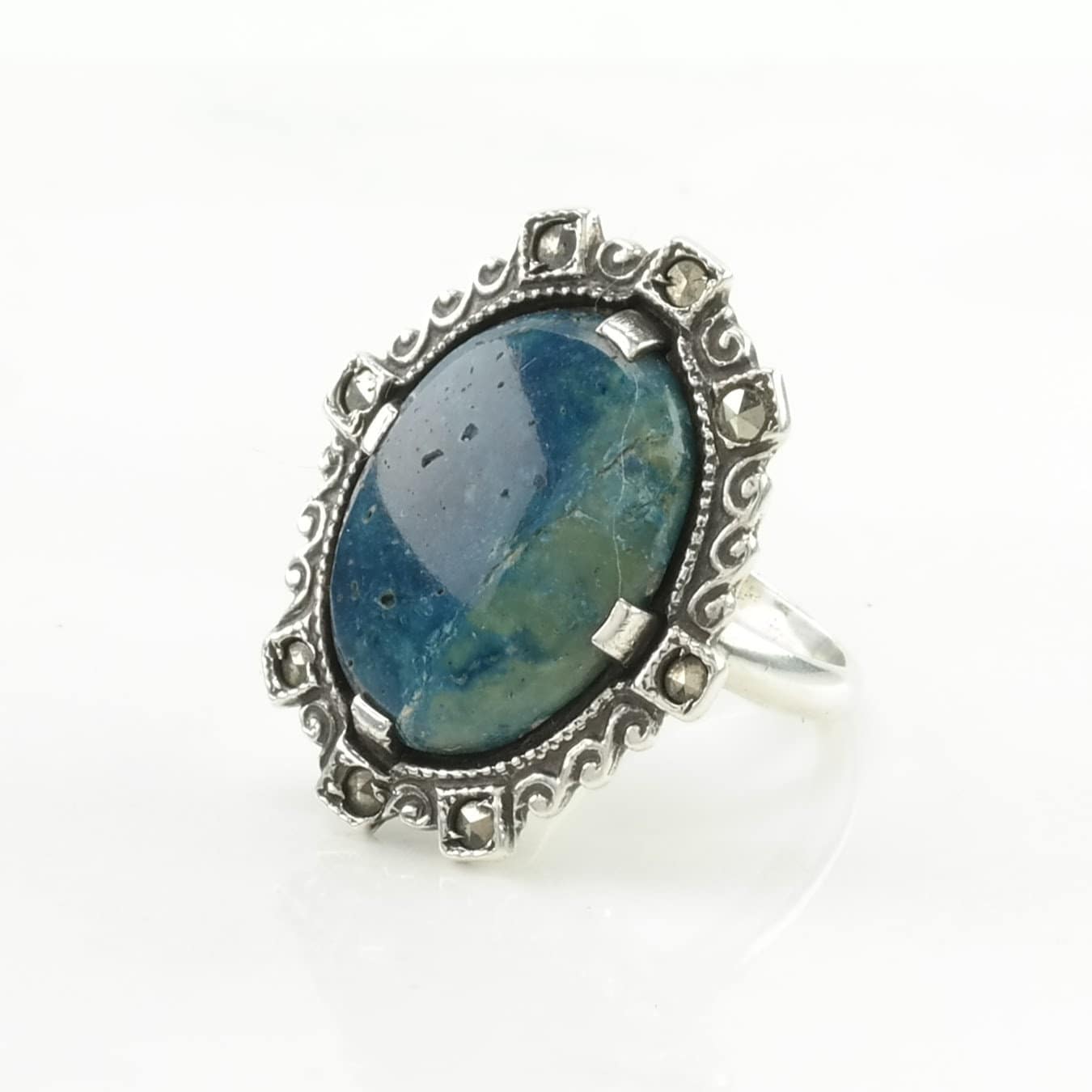 Art Deco Silver Ring Gemstone Marcasite Sterling Blue Size 3 1/2