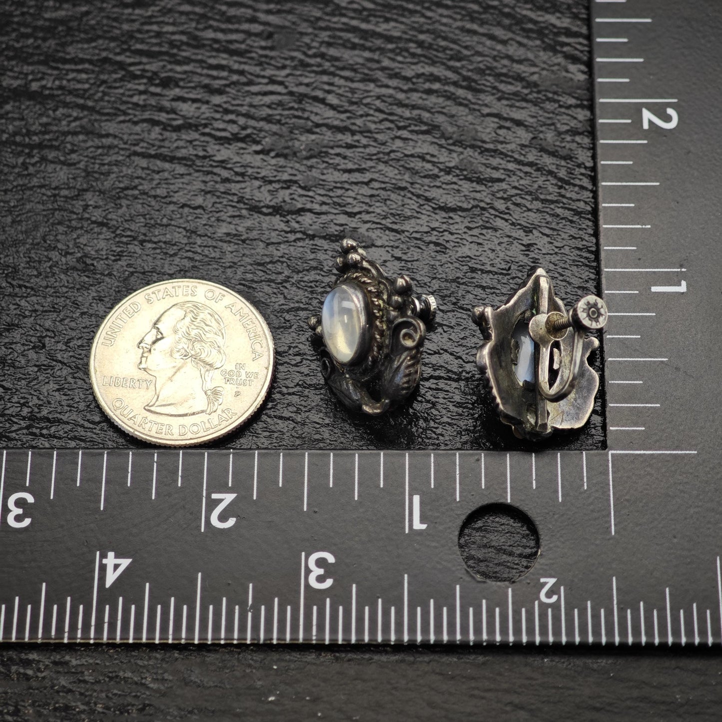 Art Nouveau Moonstone Screw Back Sterling Silver Earrings ER3199