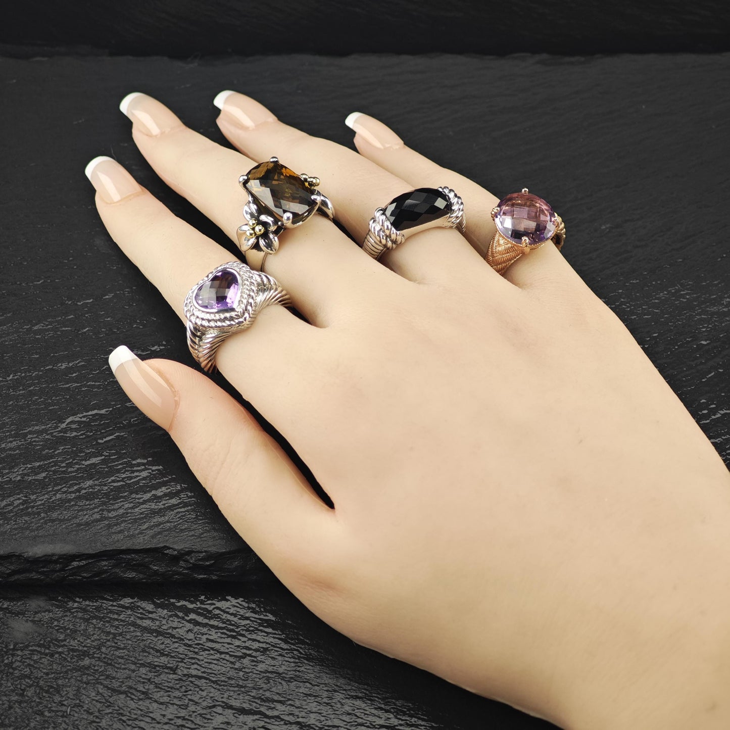 Judith Ripka Faceted Black Onyx Ring Sterling Silver Sz 9