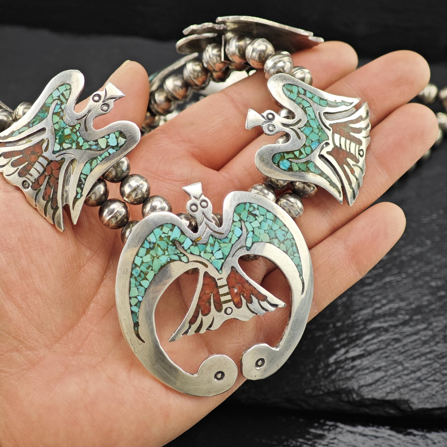 Native American Turquoise Inlay Eagle Squash Blossom Necklace Sterling Silver 29 1/2"