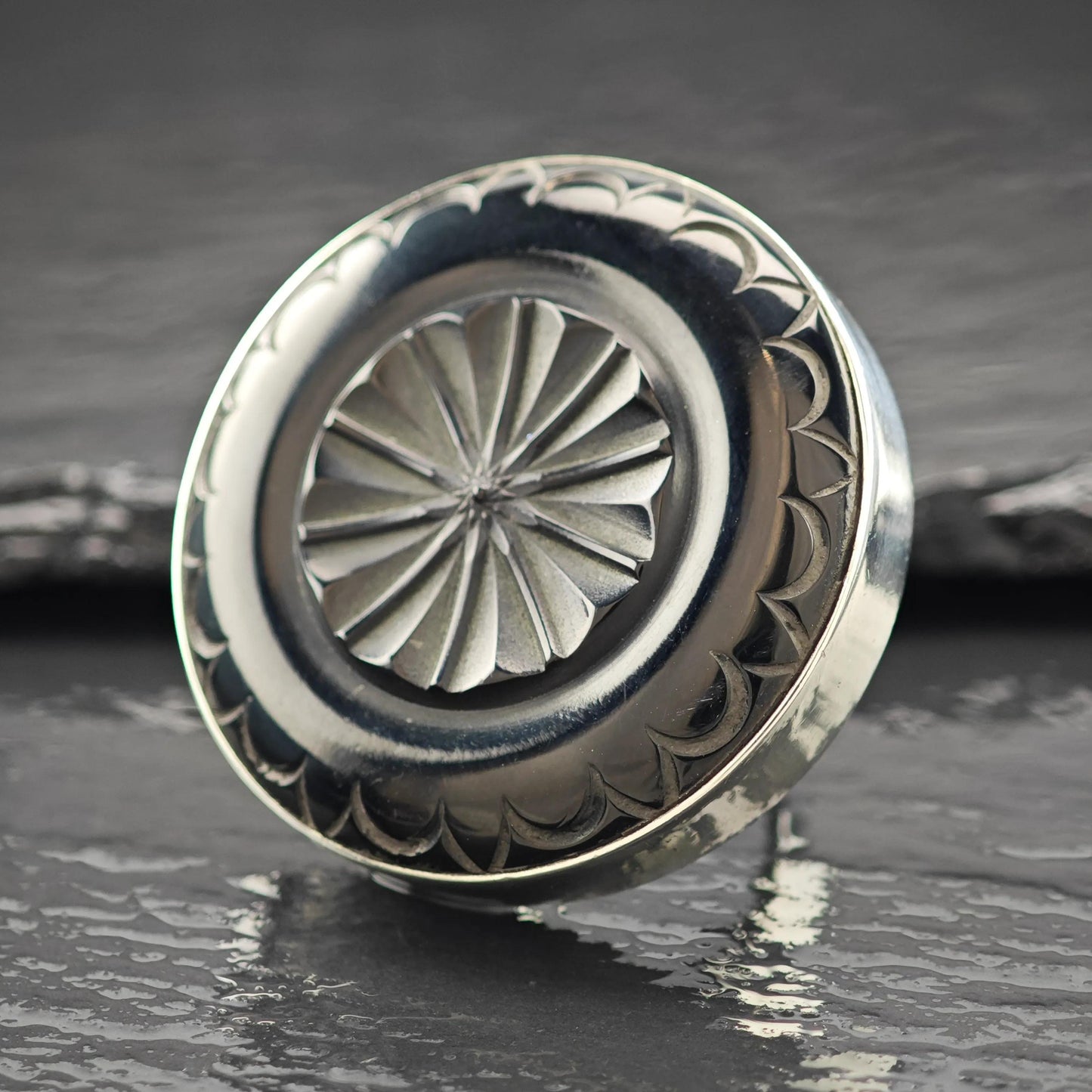 Large Carved Black Gemstone Ring Sterling Silver Size 9