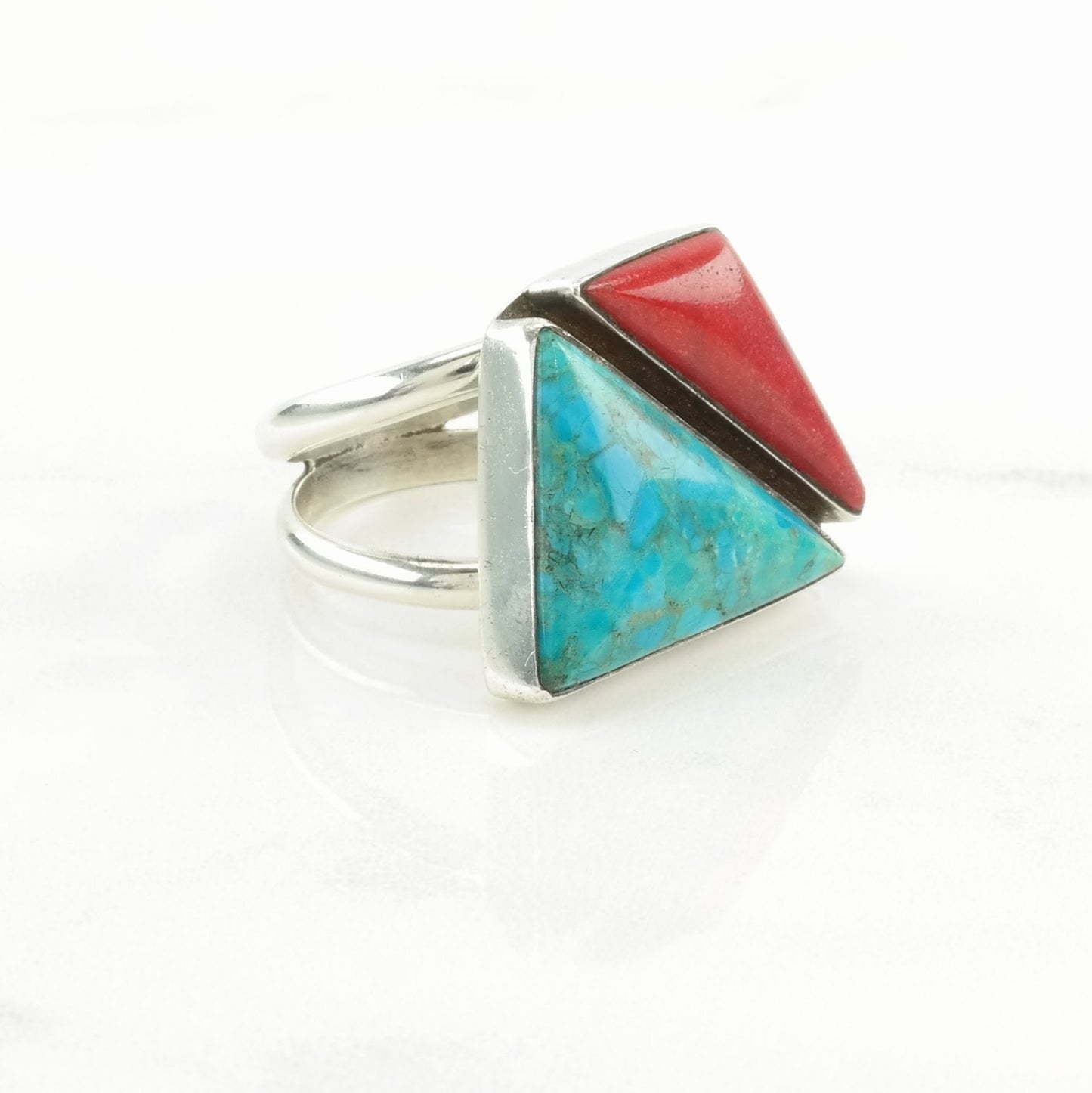 DTR Silver Ring Reconstituted Turquoise, Coral Sterling Blue, Red Size 7 1/4