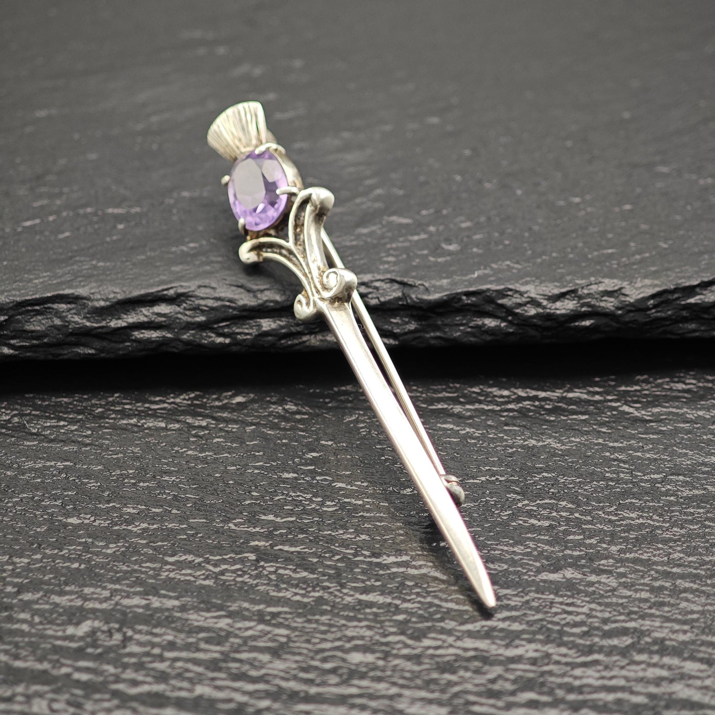 Purple Amethyst Sword Brooch Sterling Silver