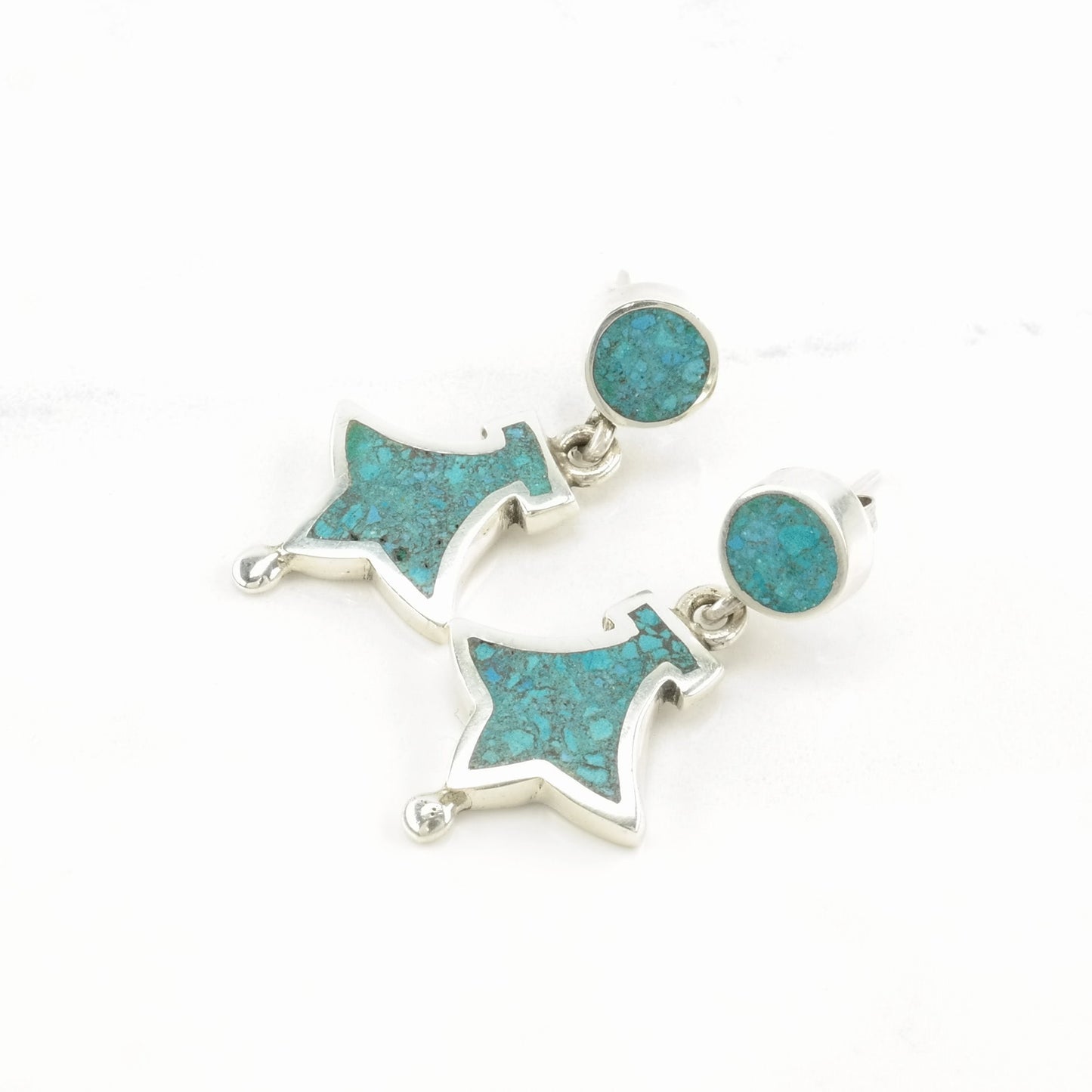 Vintage Sterling Silver Stud, Dangle Earrings Taxco Blue Turquoise Inlay