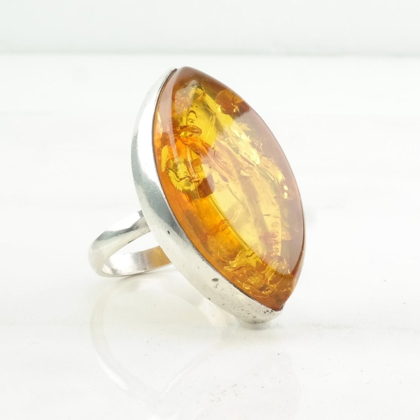 European Silver Ring Amber Large Sterling Orange Size 9