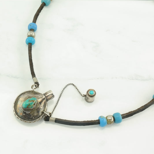 Native American Sterling Silver Turquoise, Mystery Holder Leather, Bead Necklace