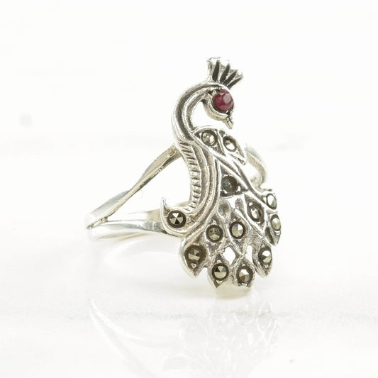 Art Deco Silver Ring Ruby, Marcasite Peacock Sterling Size 6