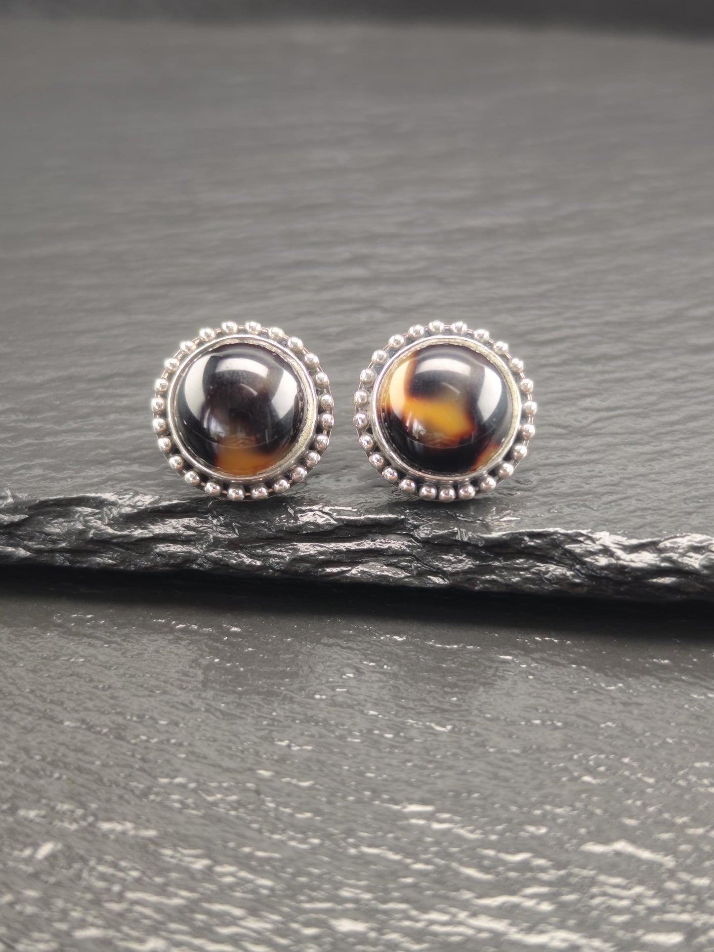 Vintage Brown Gemstone, Dome Sterling Silver Stud Earrings