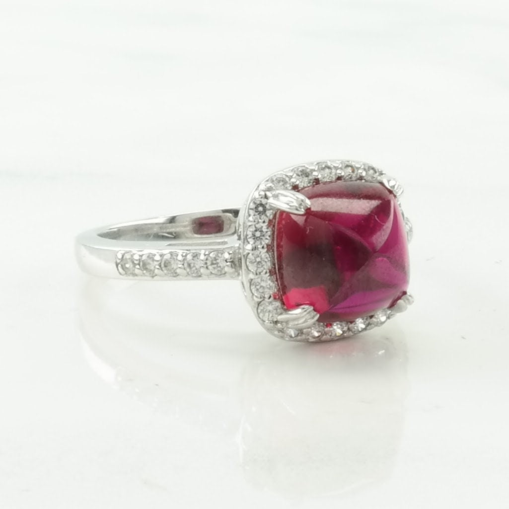 Vintage Sterling Silver Ring Created Ruby CZ Halo Pink Size 8 1/4