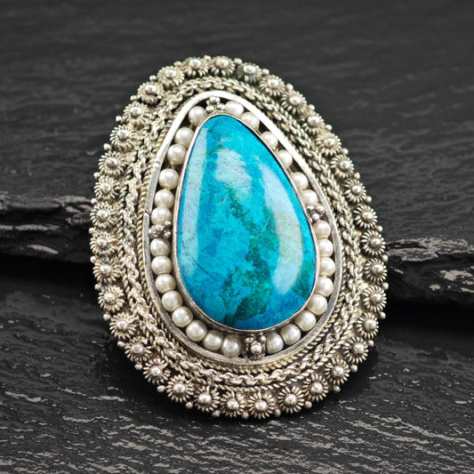 Jerusalem Blue Stone Teardrop Brooch Pendant with White Faux Pearls Sterling Silver