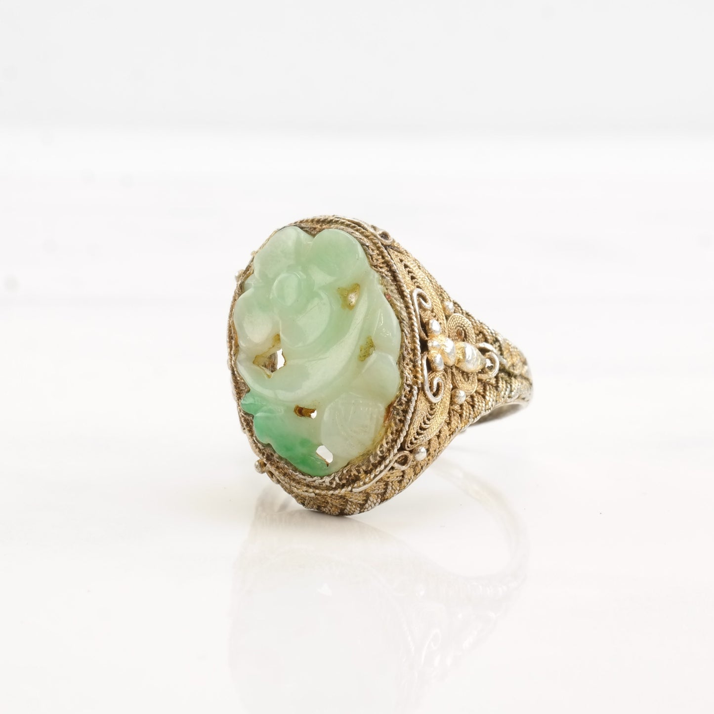 China Silver Ring Jadeite Carved Flower Gold Filled Filigree Sterling Size 7 3/4