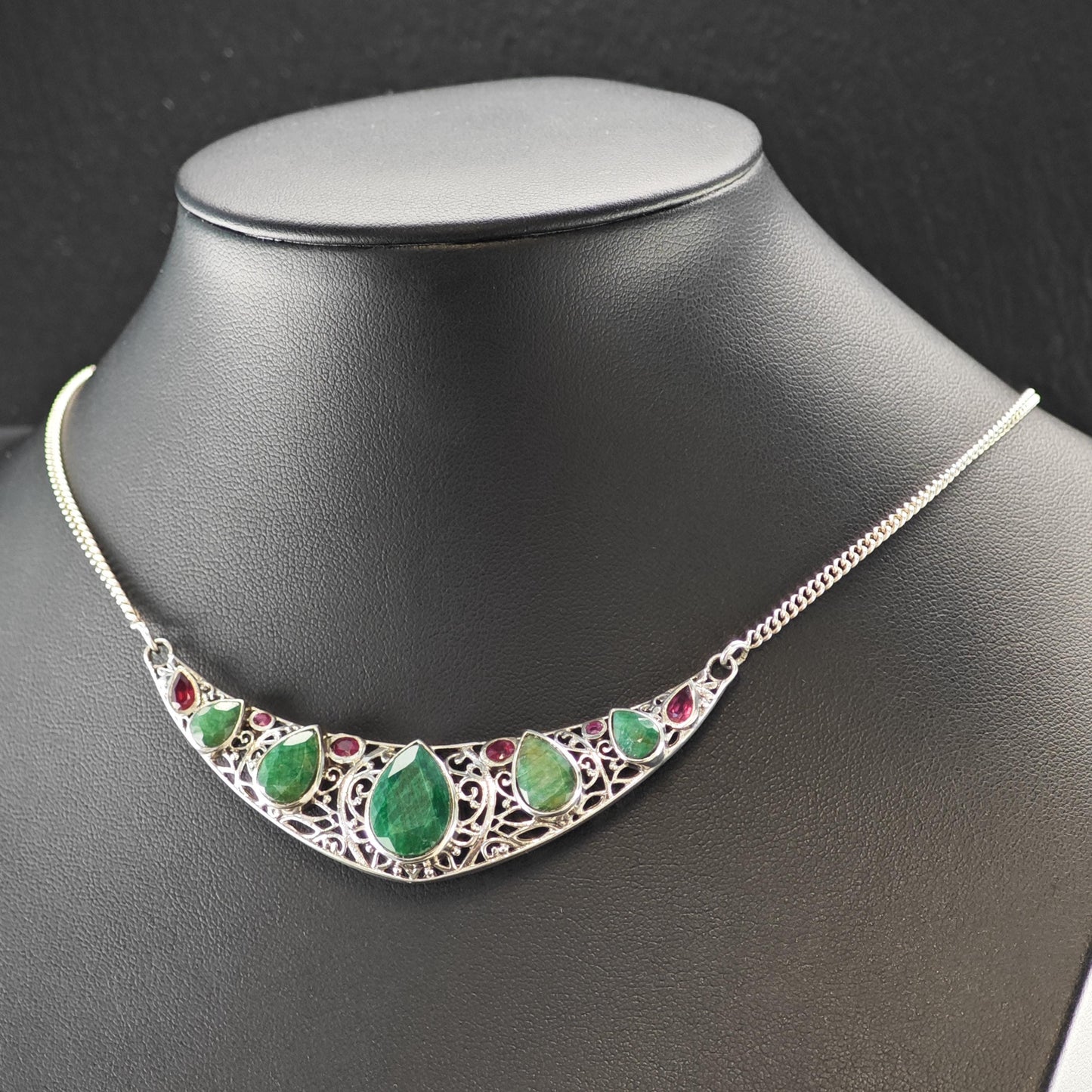 Sterling Silver Emerald Ruby Teardrop Necklace 20" N2633