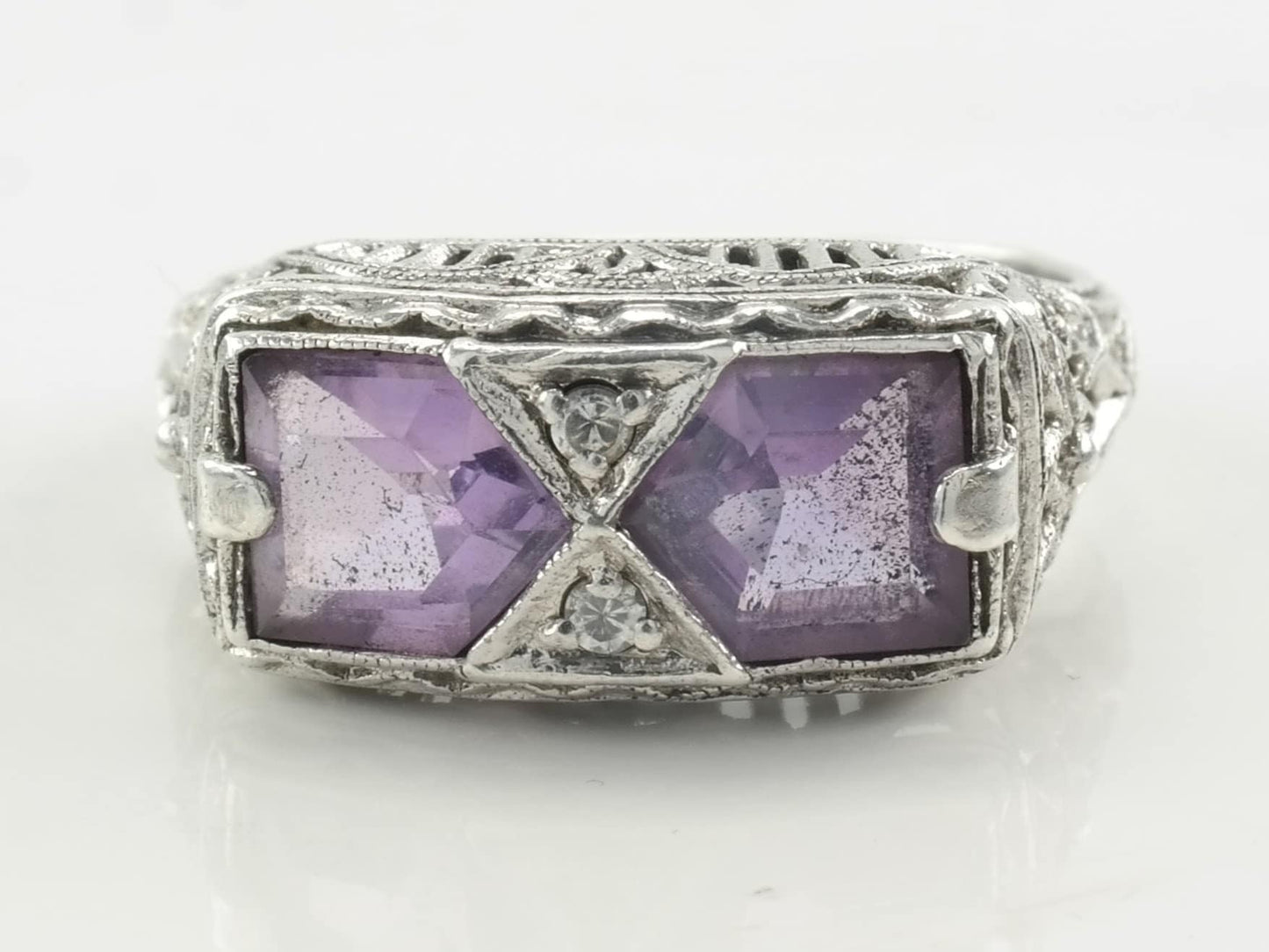 Sterling Silver Ring Double Amethyst, Gemstone, Floral, Filigree Size 6 3/4