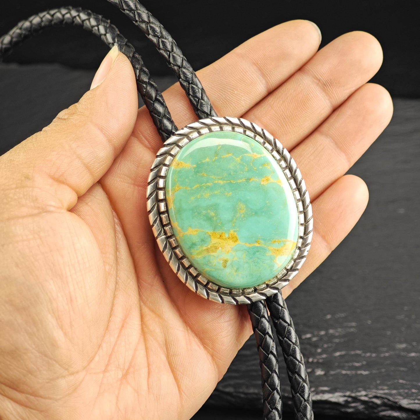 Vintage Native American Sterling Silver Green Turquoise Bolo Tie Necklace N2749