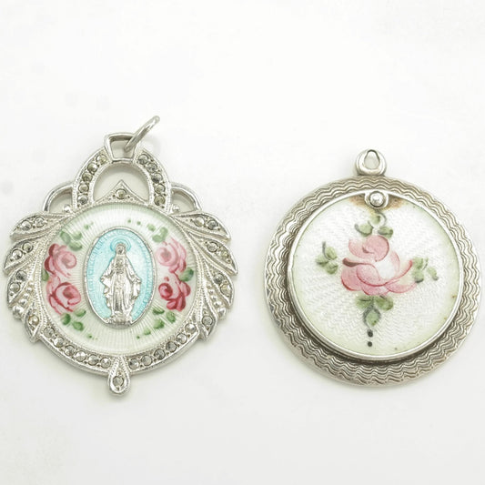 Choice of Vintage Catholic Enamel, Marcasite Floral, Mary Sterling Silver Pendant