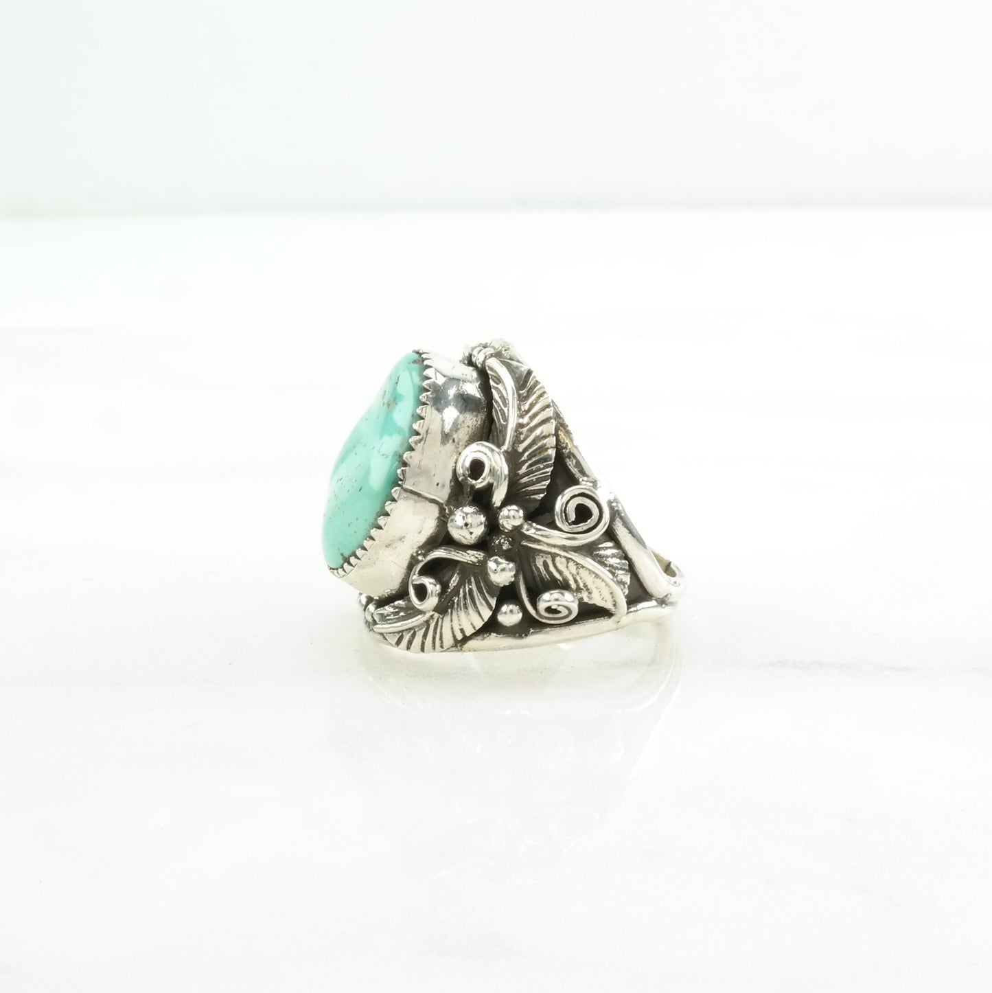 Native American Silver Ring Turquoise Floral Sterling Blue Size 10 3/4