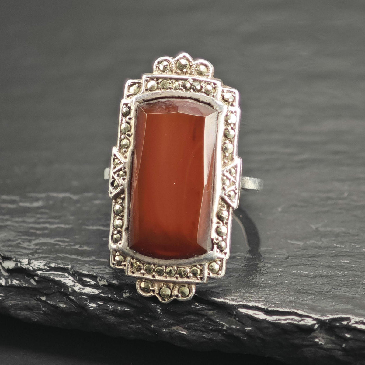 Art Deco Carnelian Sterling Silver Ring Sz 5 3/4 R6755