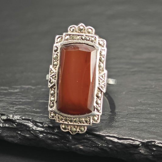 Art Deco Carnelian Sterling Silver Ring Sz 5 3/4 R6755