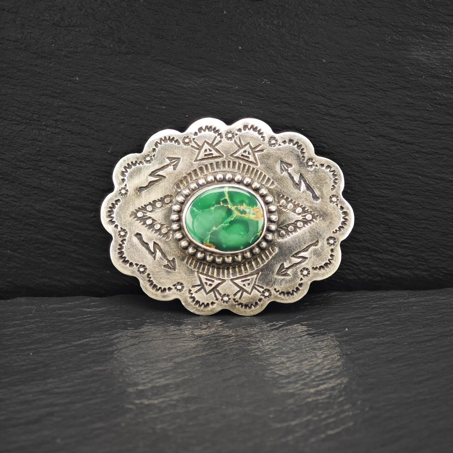 Vintage Native American Sterling Silver Brooch Stamped Green Turquoise