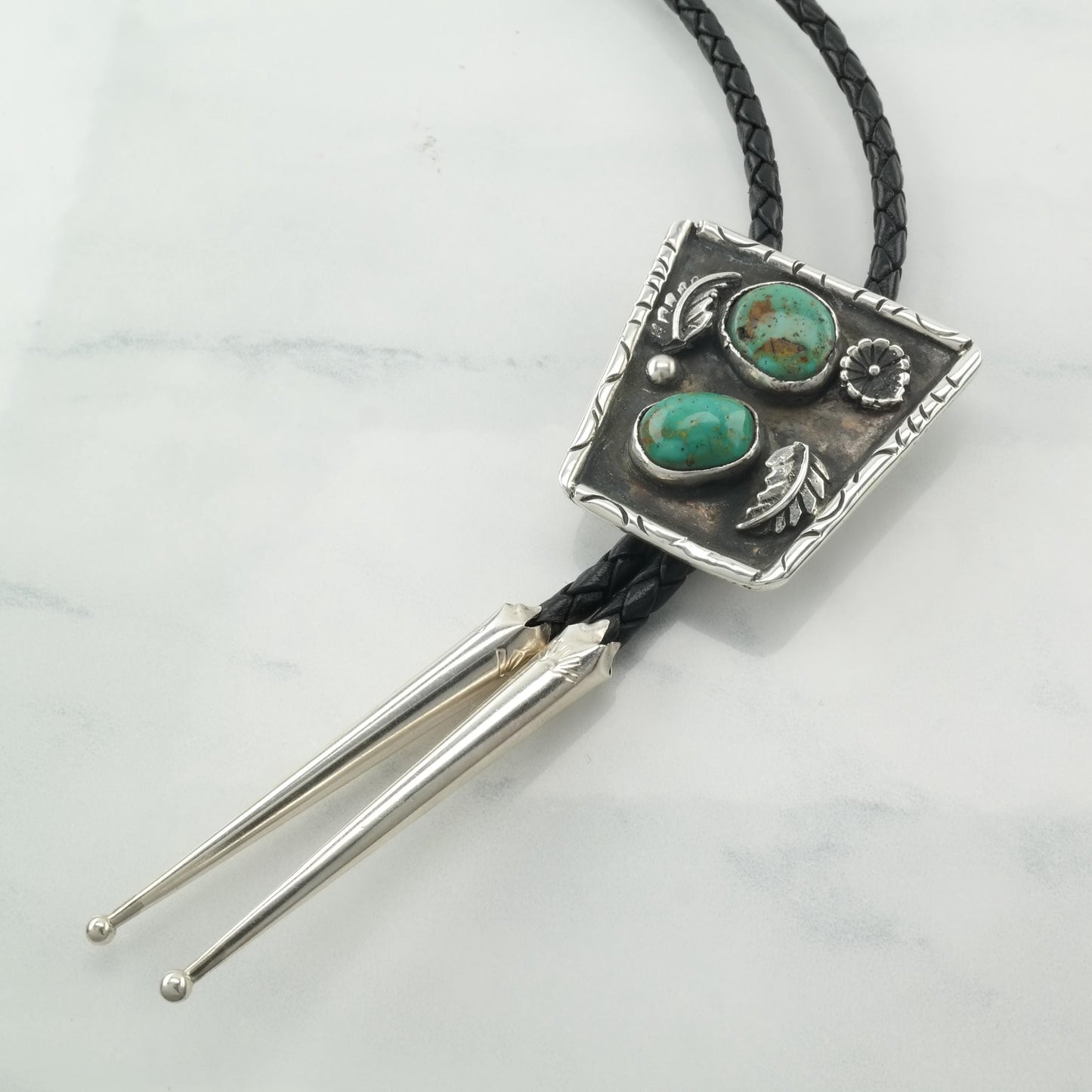 Green Turquoise Two Stone Bolo Tie Necklace Southwest Sterling Silver Vintage