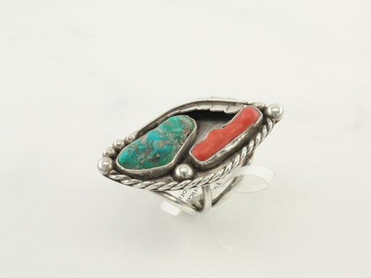 Native American Silver Ring Turquoise Coral Sterling Green Red Size 7