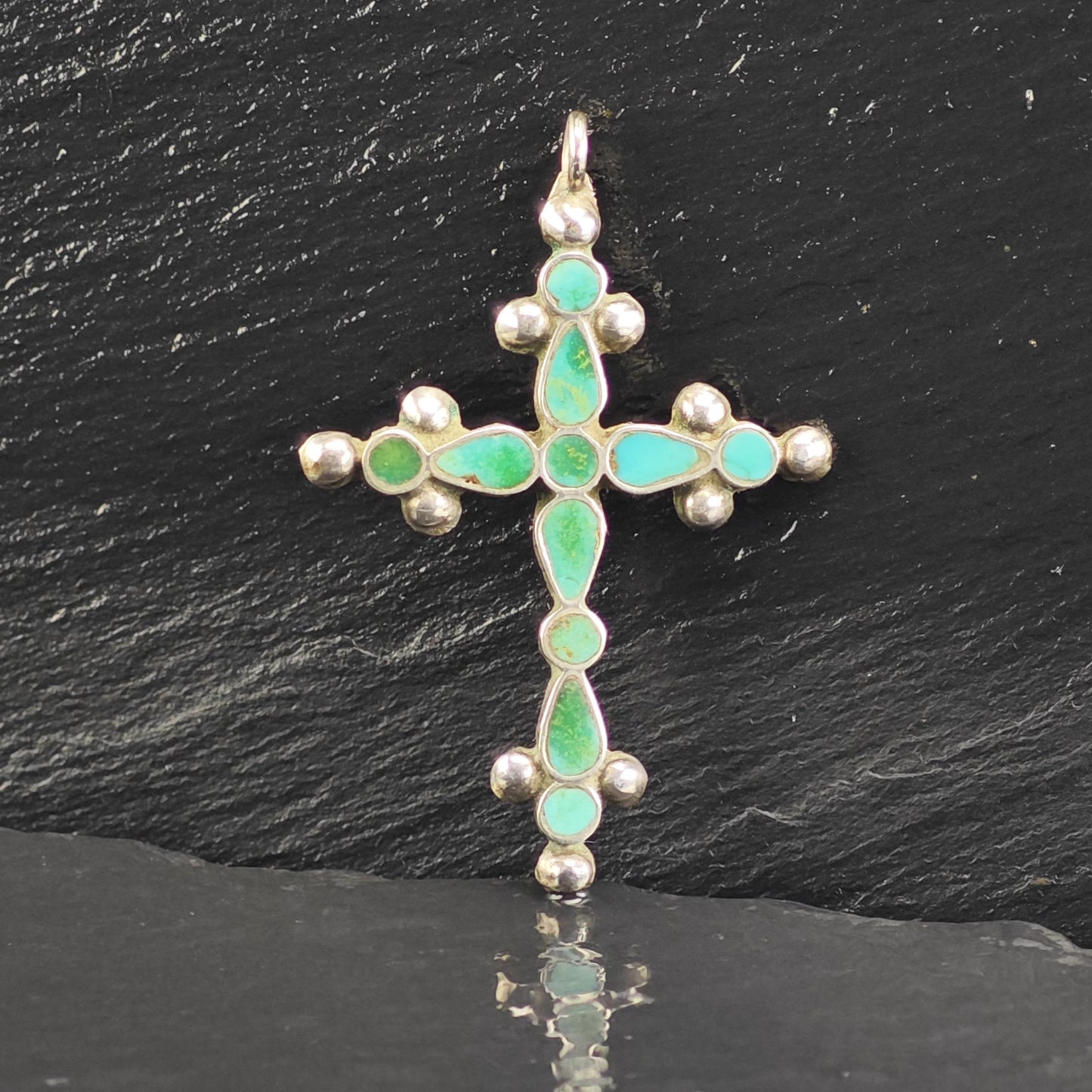 Vintage Zuni Inlay Turquoise Cross Pendant Sterling Silver P3033