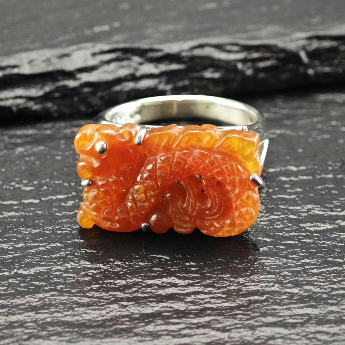 Carved Carnelian Chinese Dragon Sterling Silver Ring Sz 9 R6853
