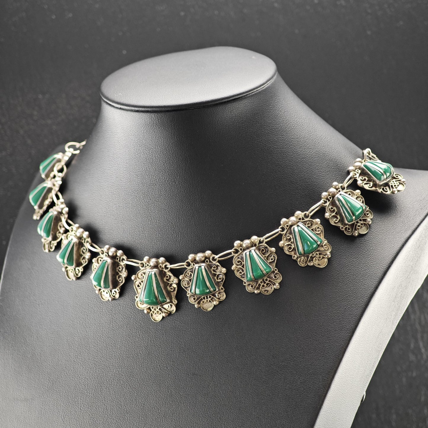 Sterling Silver Necklace: Taxco Green Onyx - Estate Jewelry