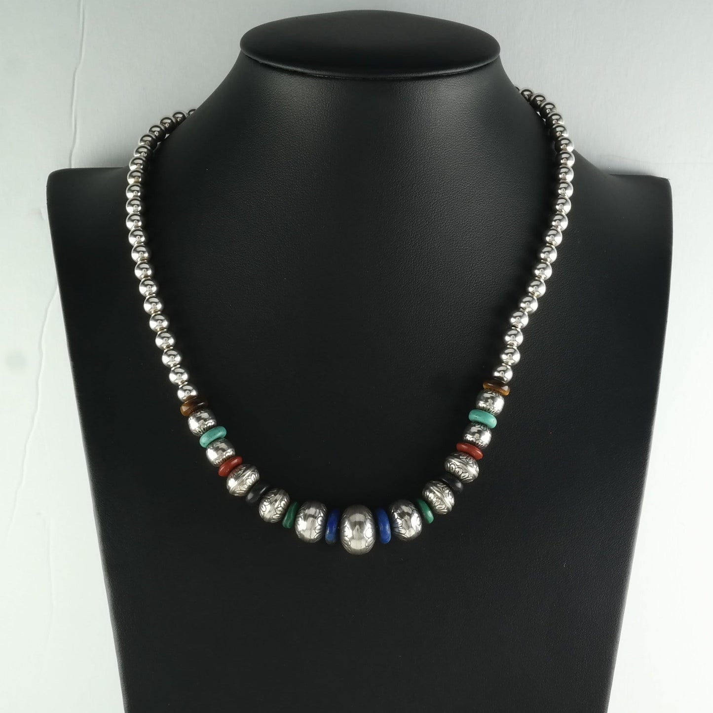 Carolyn Pollack Sterling Silver Malachite, Jet, Coral, Lapis Lazuli, Turquoise, Tiger's Eye Beaded Necklace