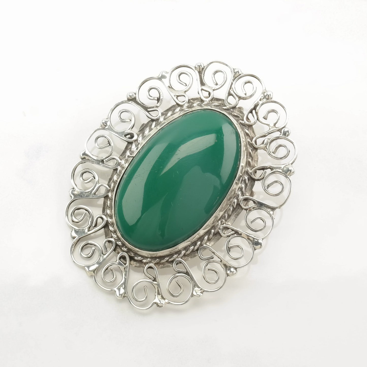 Mexican Sterling Silver Brooch Pendant Scroll Green Onyx