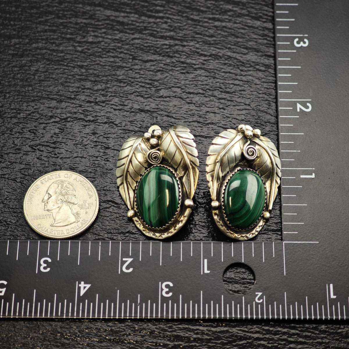 Vintage Native American Malachite Leaf ClipOn Sterling Silver Earrings ER3242