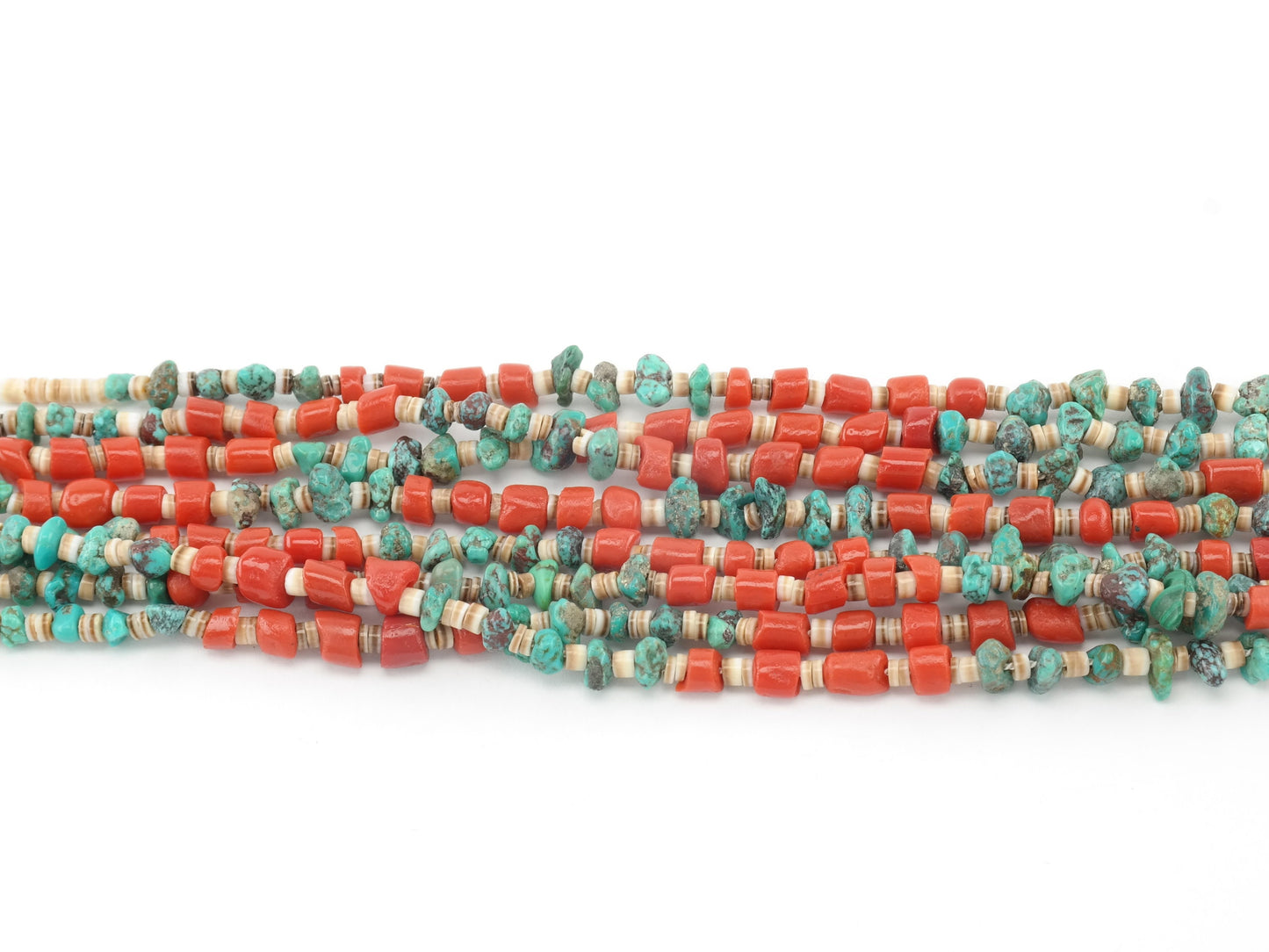 Vintage Native American Coral, Turquoise, Shell, Four Layer Heishi Necklace