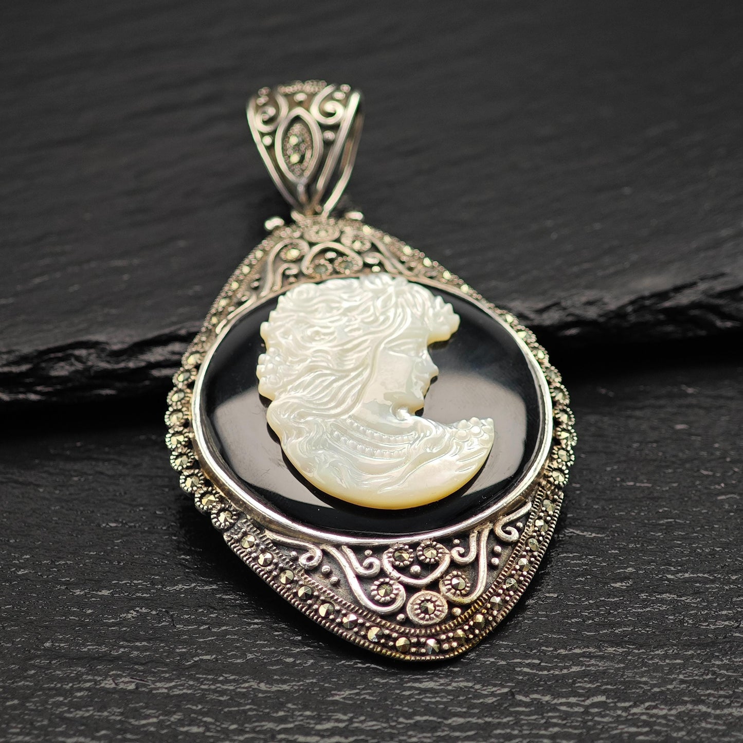 Cameo Pendant in Sterling Silver with MOP Onyx Marcasite P2755