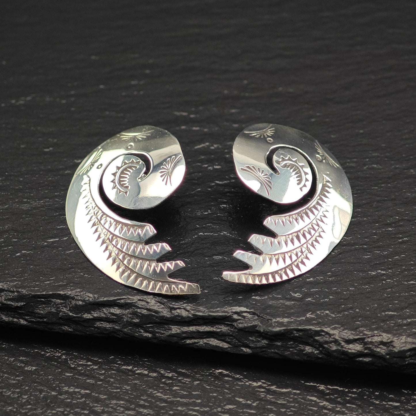 Native American Stamped, Swirl Stud Earrings Sterling Silver