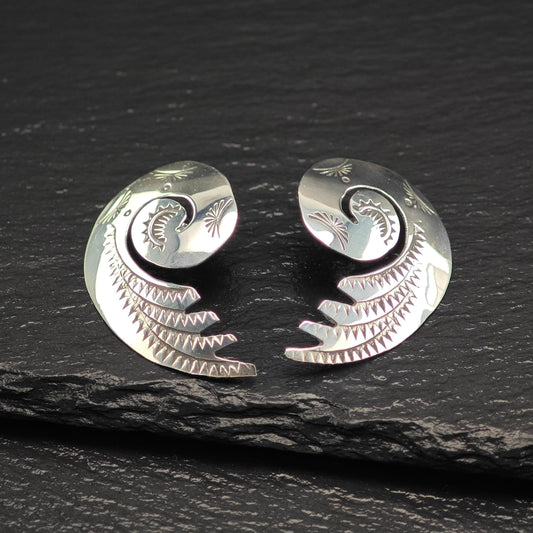 Native American Stamped, Swirl Stud Earrings Sterling Silver