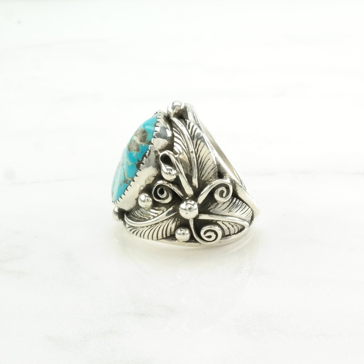 Native American Silver Ring Kingman Turquoise Leaf Sterling Blue Size 8