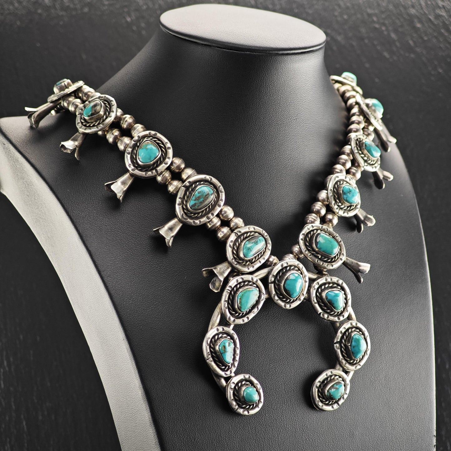 Squash Blossom Necklace with Blue Turquoise Stamped Native American Design Sterling Silver