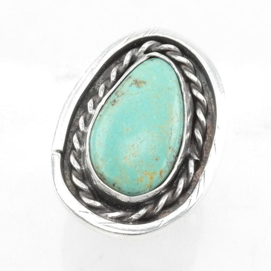 Vintage Native American Sterling Silver Ring Turquoise, Rope Border Blue Size 7