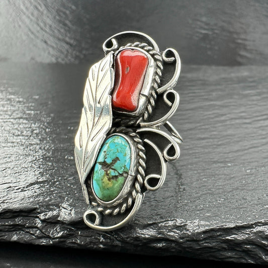 Turquoise Coral Ring Sterling Silver Native American R5826